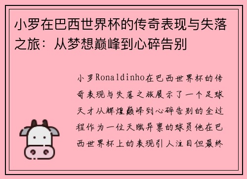小罗在巴西世界杯的传奇表现与失落之旅：从梦想巅峰到心碎告别